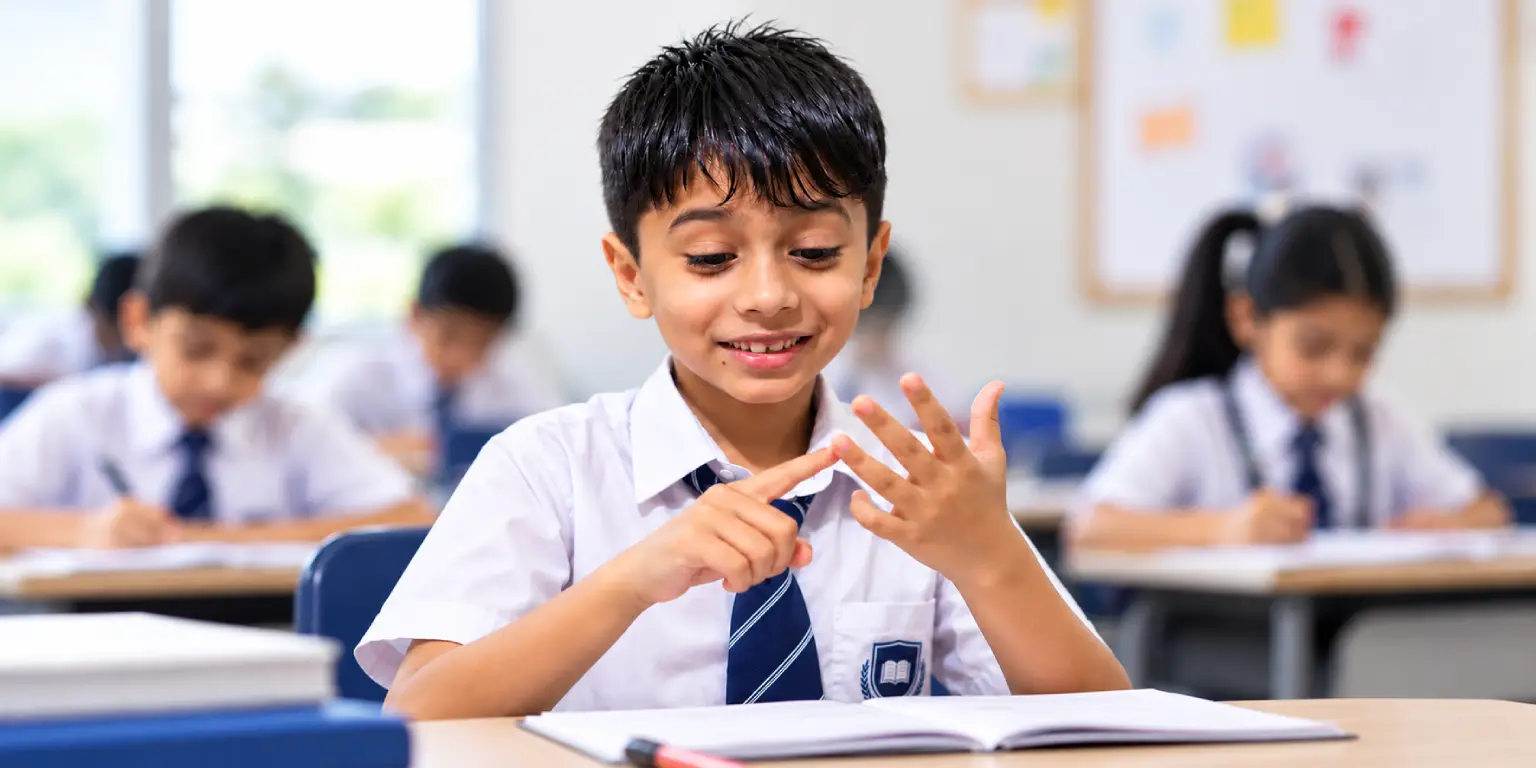 Student developing mathematical skills through experiential learning in classroom.